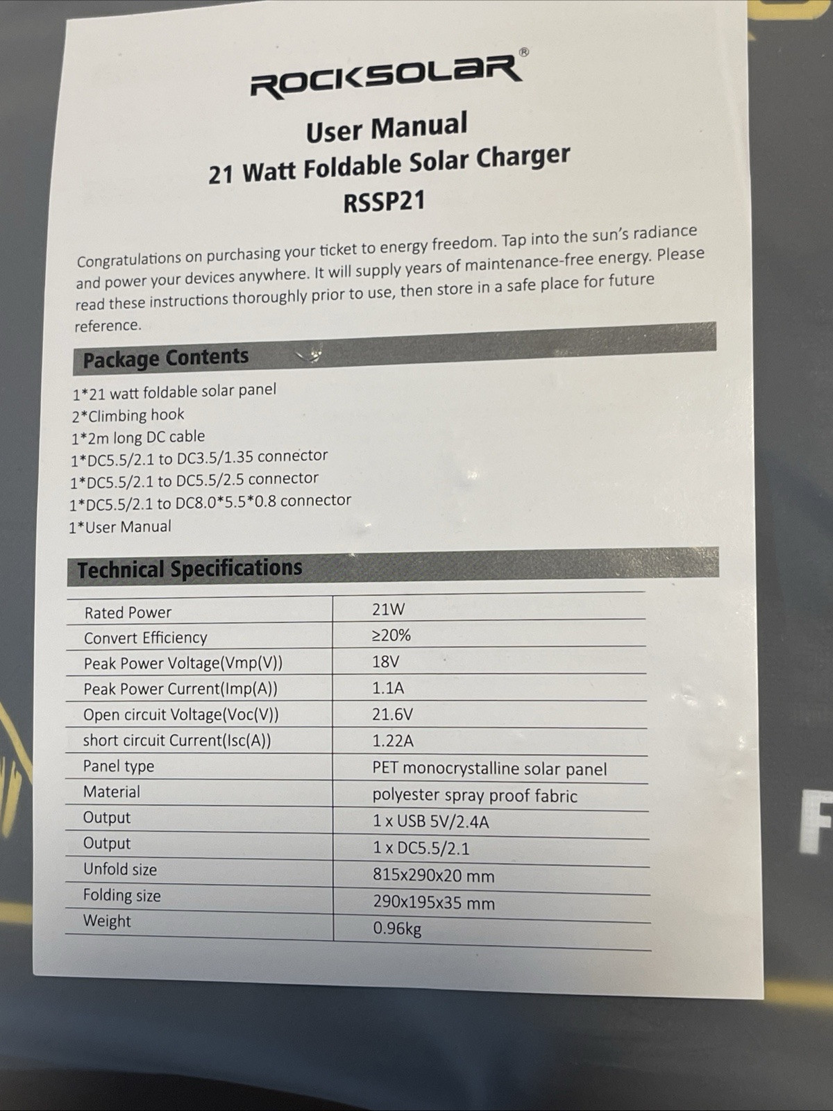 Rocksolar Foldable Solar Panel/ 21W Mono2Crystalline High Egfficiency M-RSSP21