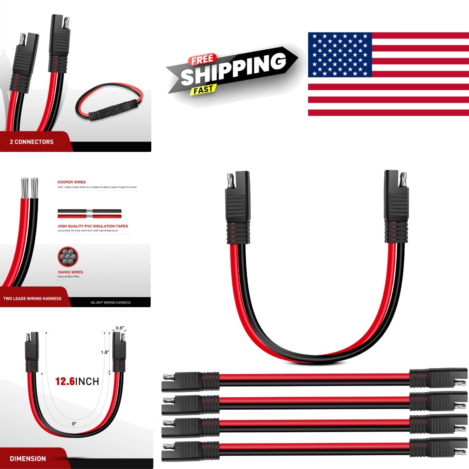 5 Pack Male to Male SAE Extension Cord 10 Gauge 12 Inch for Trickle Charging