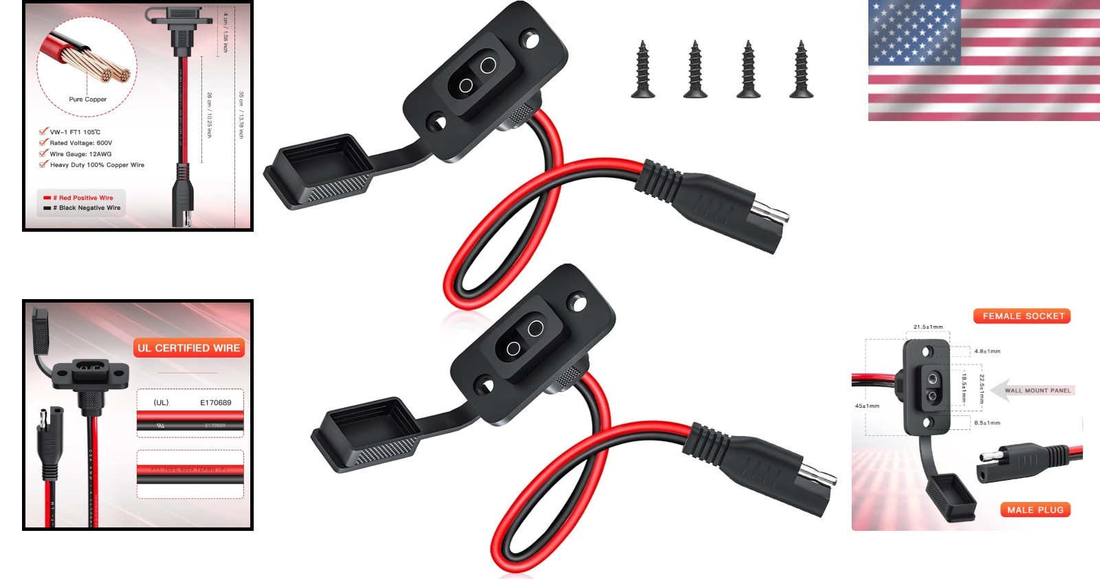 Versatile SAE Flush Mount Connector Set for Solar Generators & Vehicles – 1.15ft