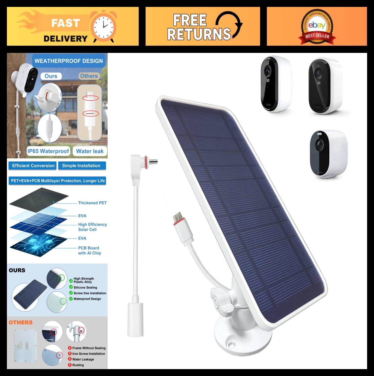 Solar Panel for Arlo Essential 2K/XL Cameras – 13FT Weatherproof Cable & Mount