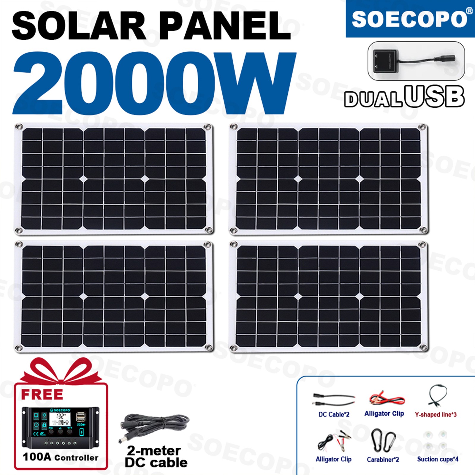 4x500W Solar Panels-100A Controller+Y-Cable+Suction Cups for Home/Outdoor Power