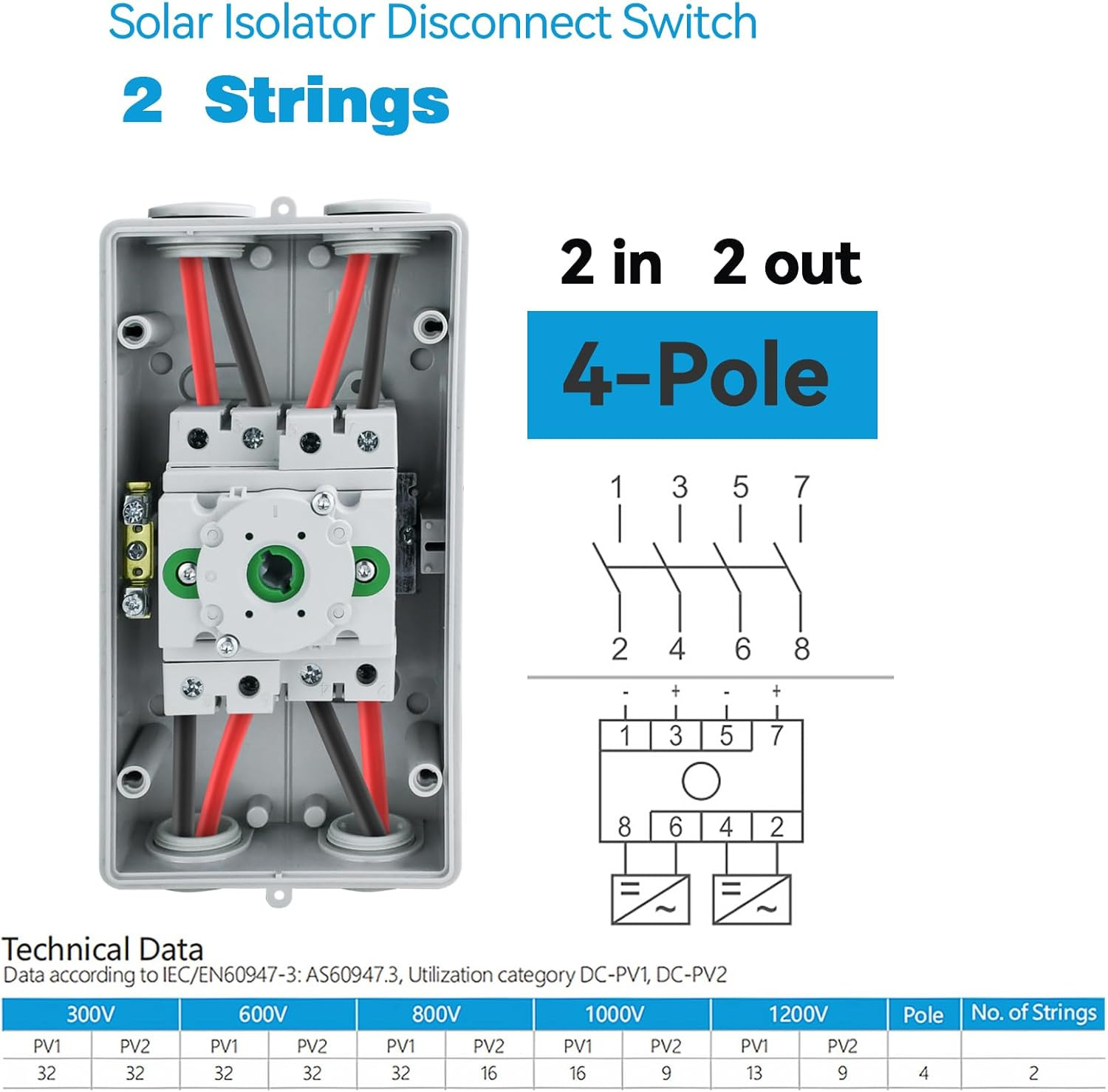 Solar Disconnect Switch 4-Pole DC 1500V 32A Isolator Solar Switch with Enclosure