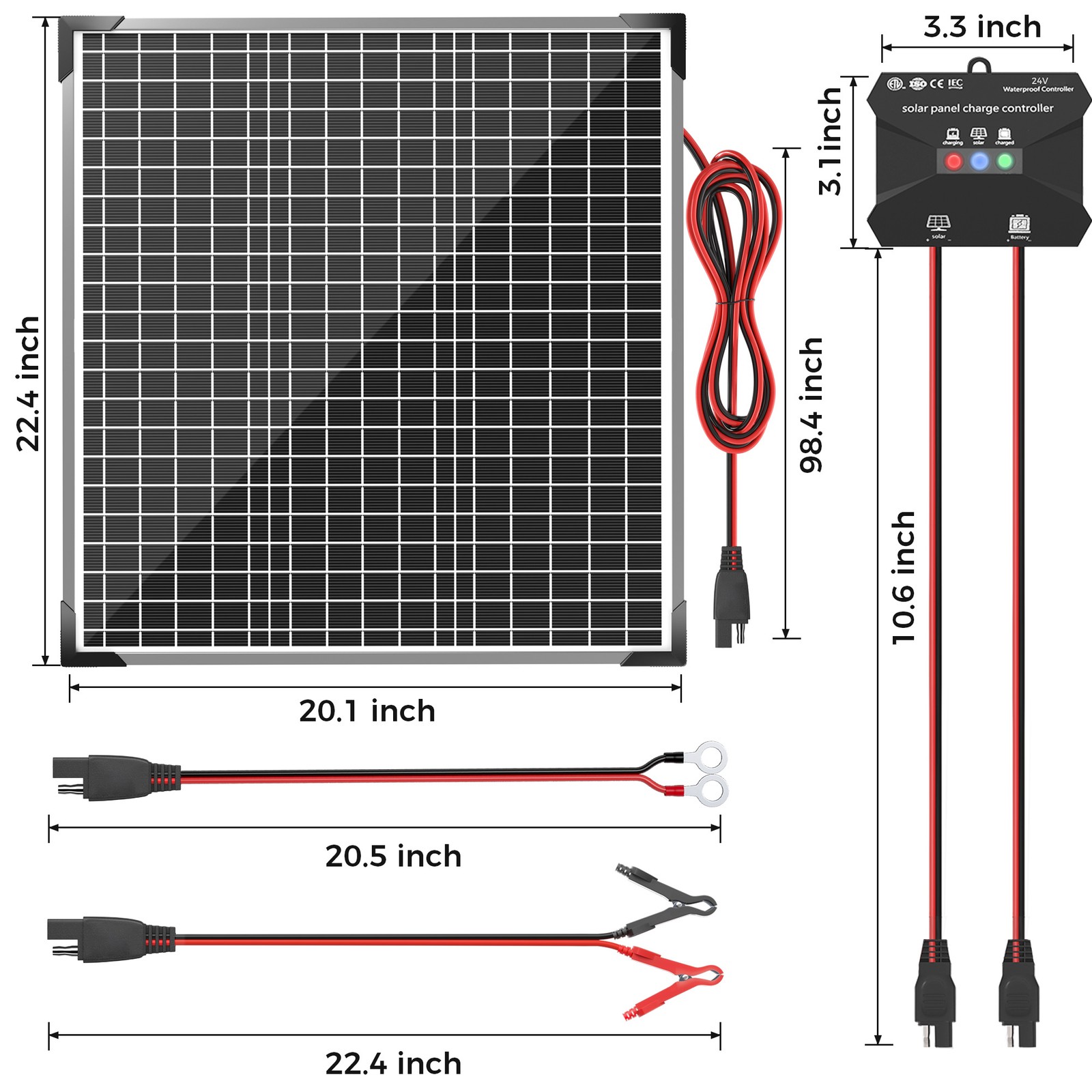 50W 24V Solar Battery Maintainer with MPPT Charge Controller Adjustable Bracket