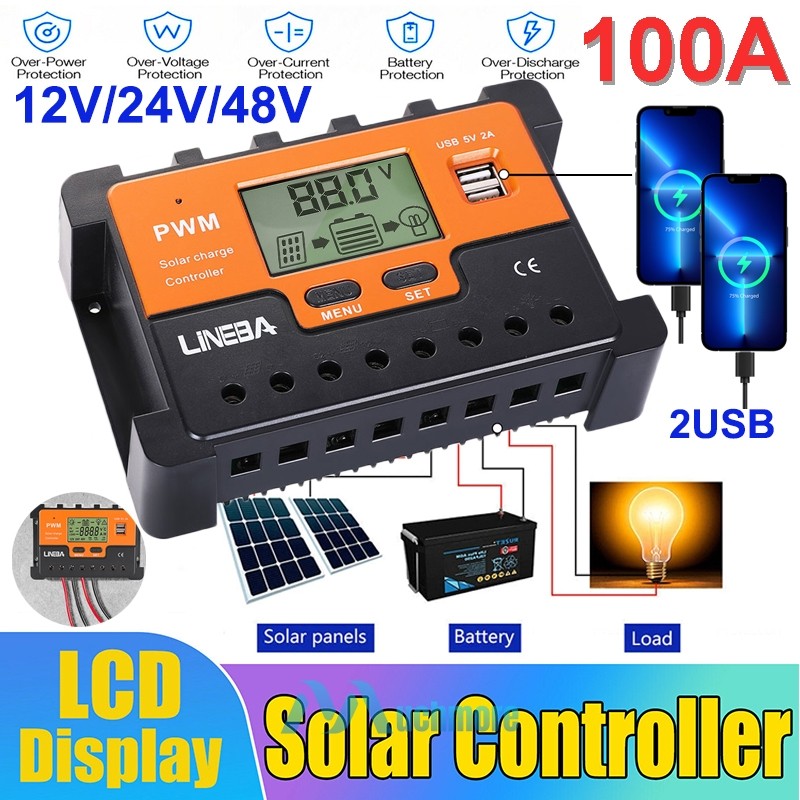 5200W 100A Solar Charge Controller Dual USB 12V 24V 48V PV Battery Regulator USA