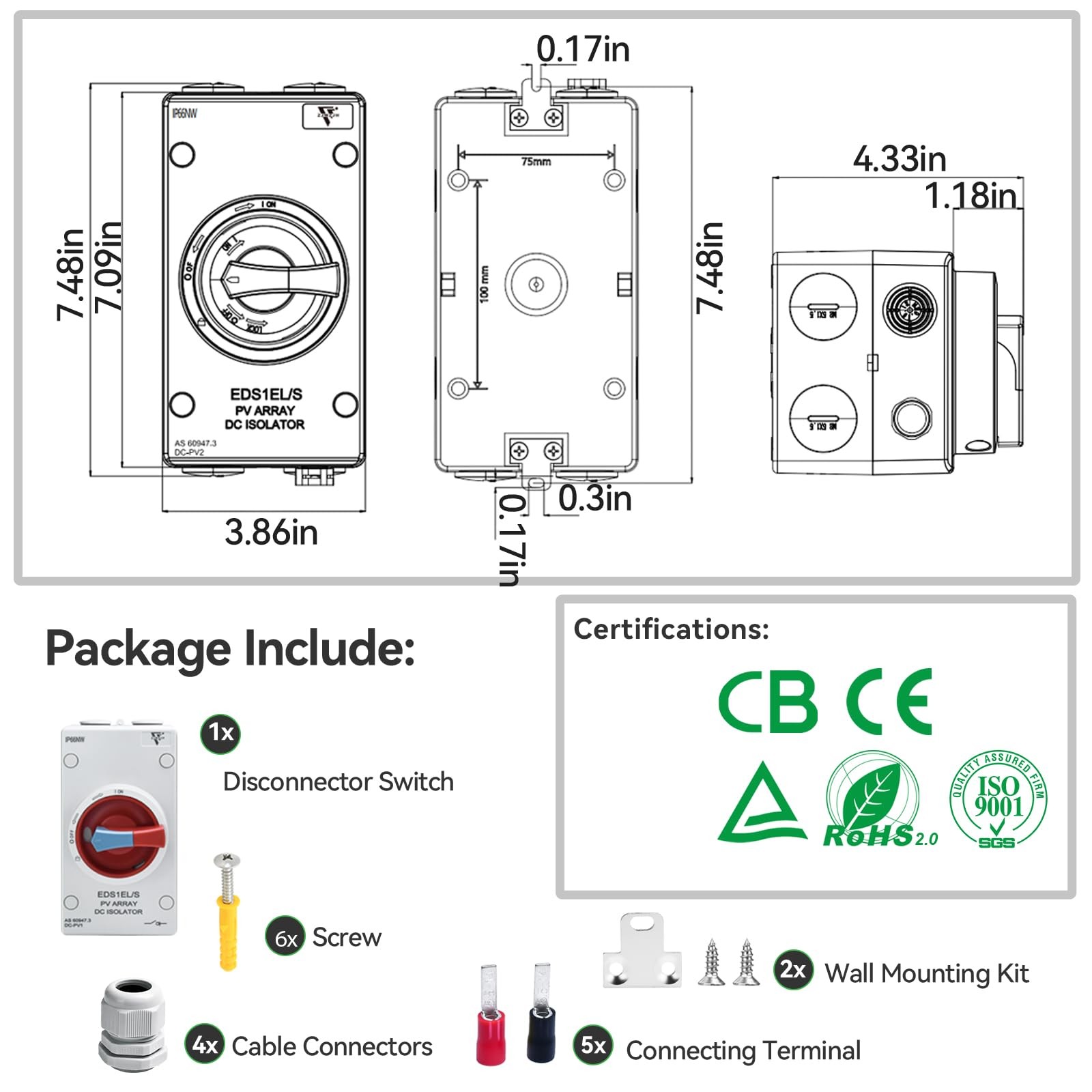 Solar Disconnect Switch 4-Pole DC 1500V 32A Isolator Solar Switch with Enclos…