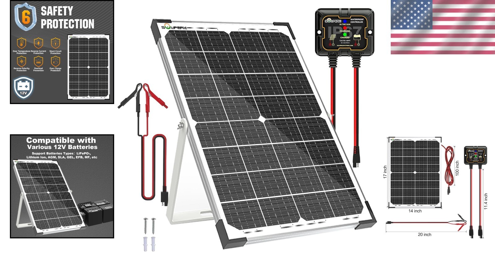 30W Waterproof Solar Battery Charger with 10A MPPT Controller – For Cars & RVs