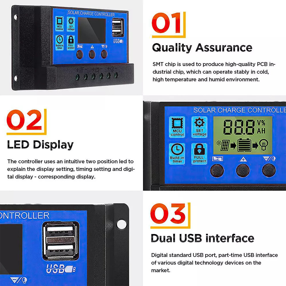30W Solar Panel +100A Controller w/ Aluminum Frame Cell Photovoltaic Charger