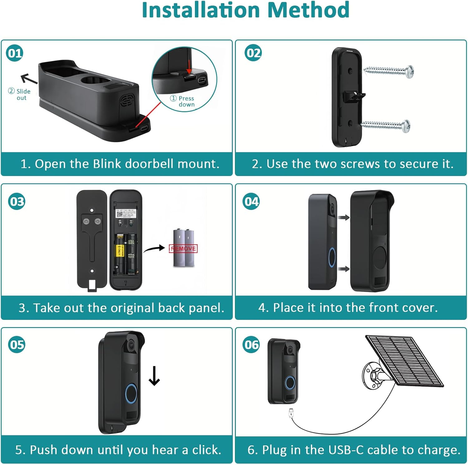Solar Panel for Blink Video Doorbell, 2W USB-C Solar Panel Charger with Charging
