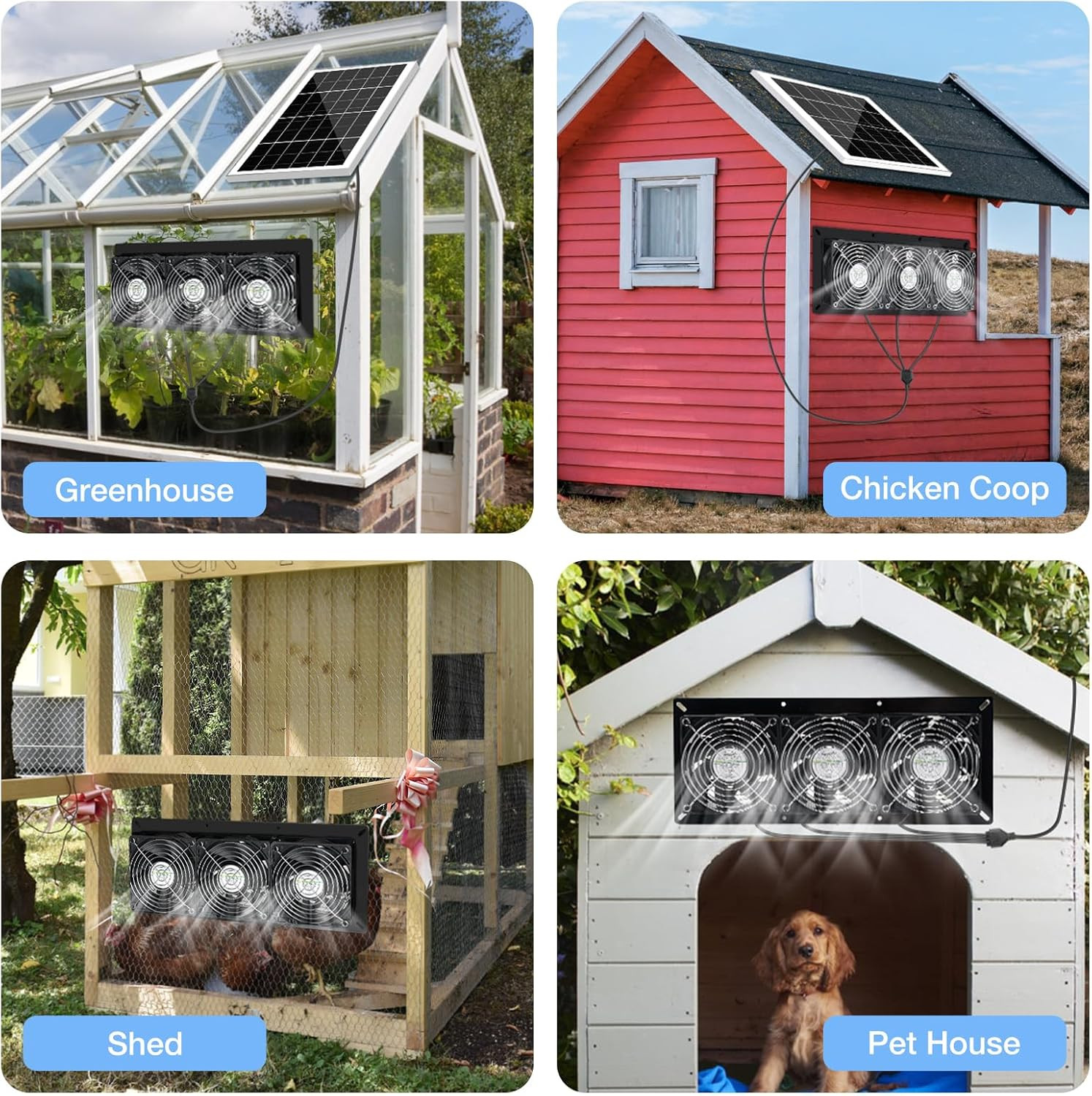 Solar 3 Fan Kit, Waterproofed Solar Powered Fans for Outdoor Chicken Coop, Green