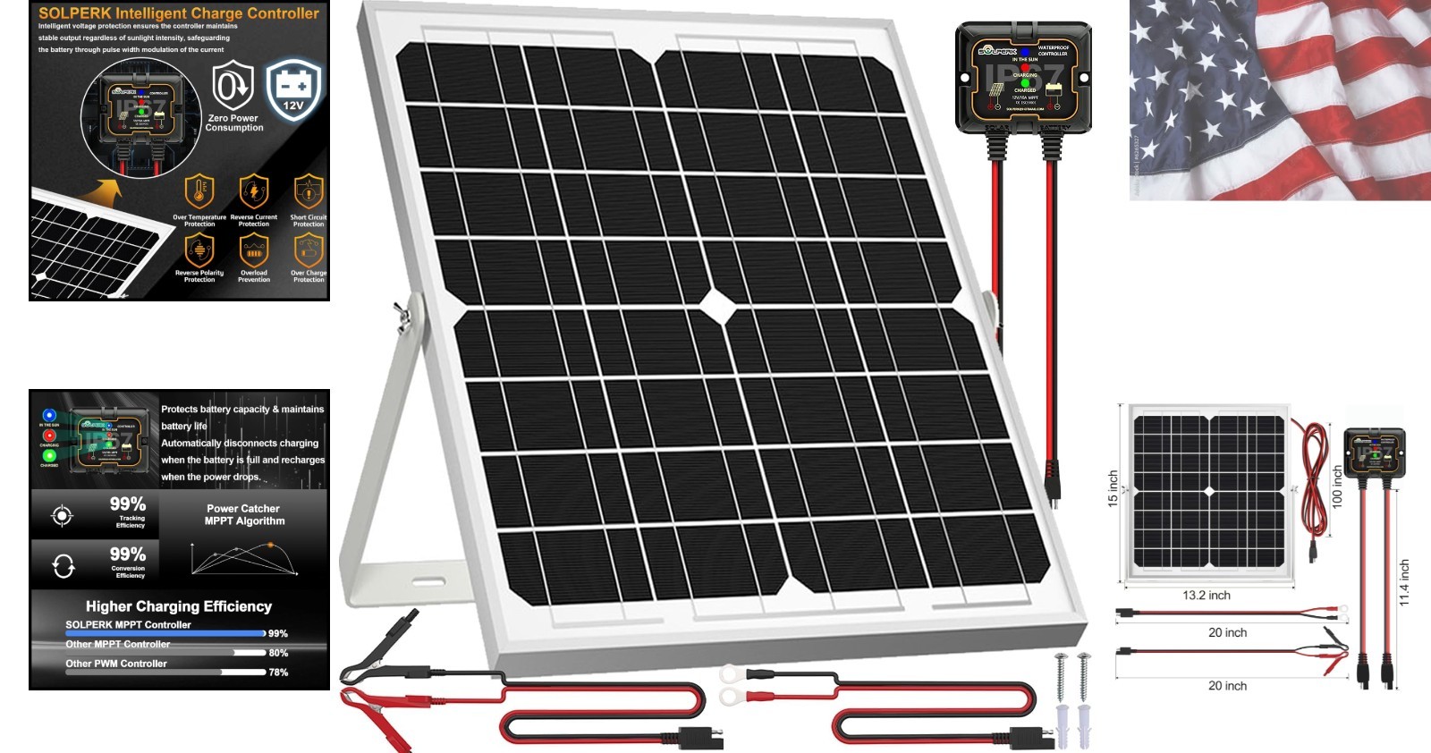 High Efficiency 20W Solar Battery Charger Kit with Smart Controller – 12V System
