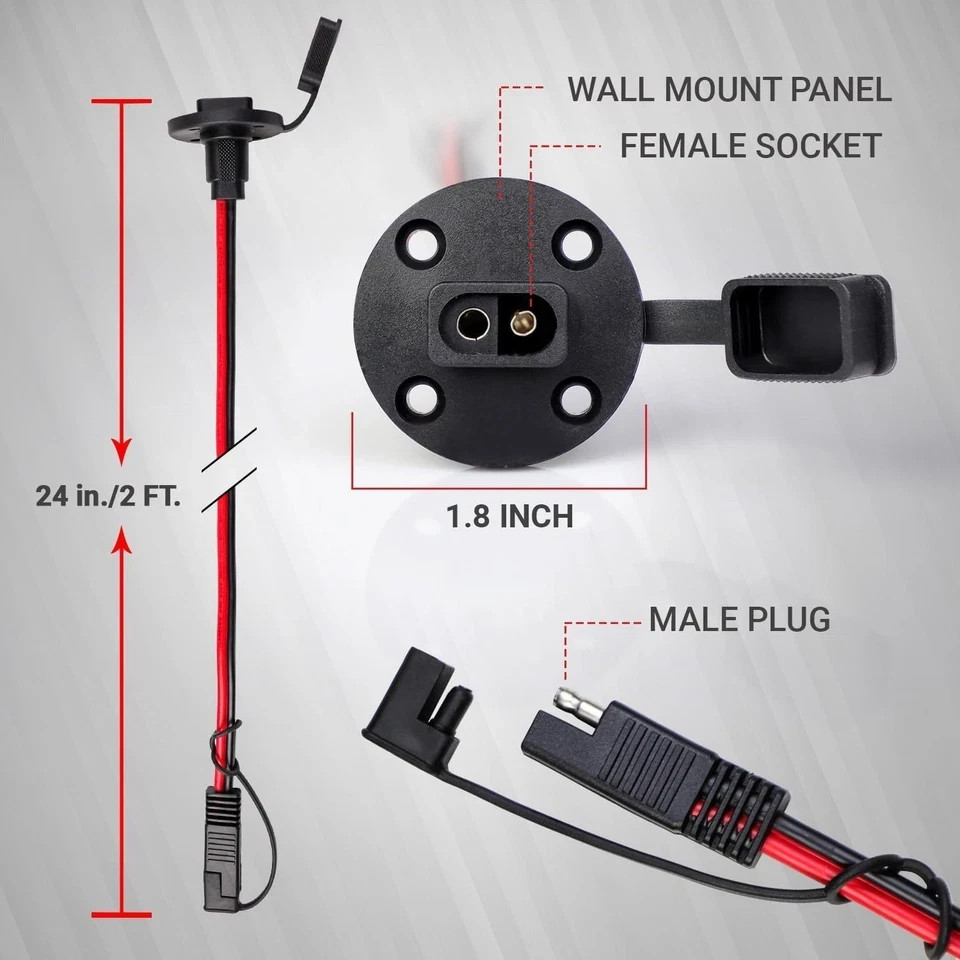 2FT 12AWG SAE Power Socket Sidewall Port Connector 2 Pin SAE Quick Connect 2 Pk