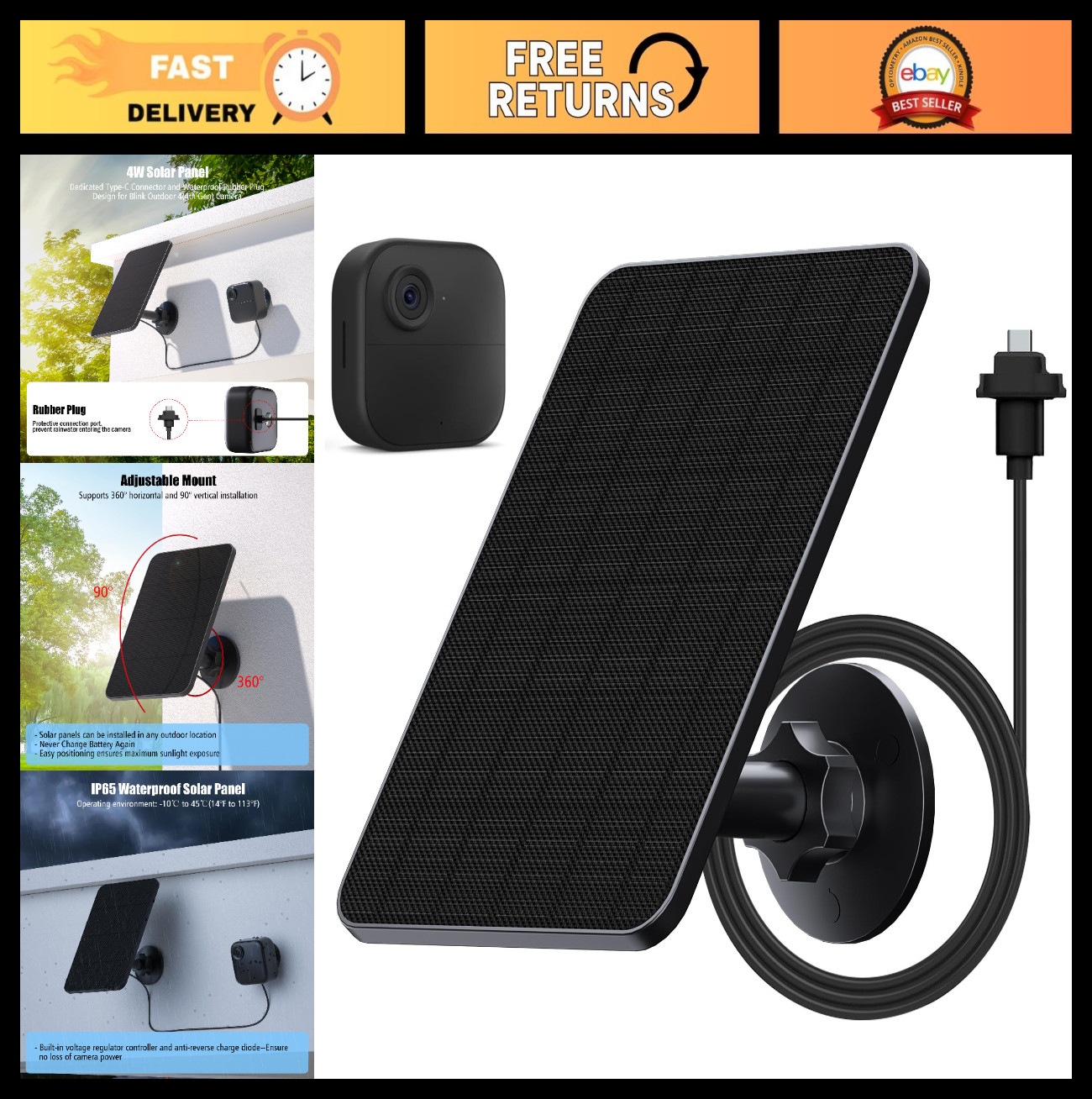 4W Solar Panel Charger for Blink Camera – IP65 Waterproof, USB-C, 13.1ft Cable,
