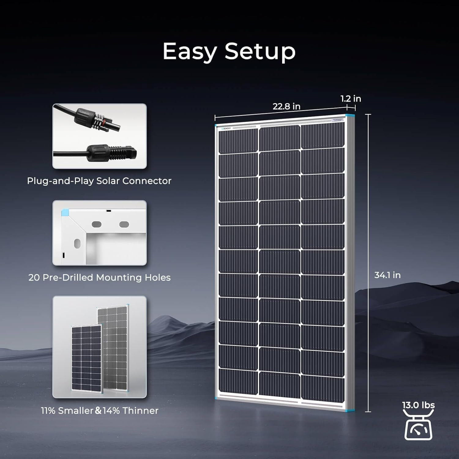Renogy 2PCS Solar Panels 100 Watt 12 Volt, High-Efficiency Monocrystalline PV Mo