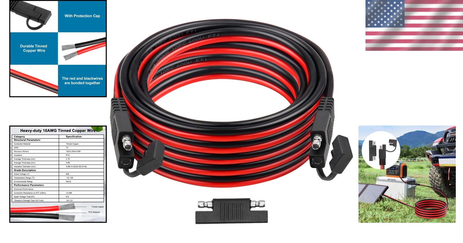 SAE Extension Cable Heavy Duty 25FT 10AWG Tinned Copper Marine RV Automotive