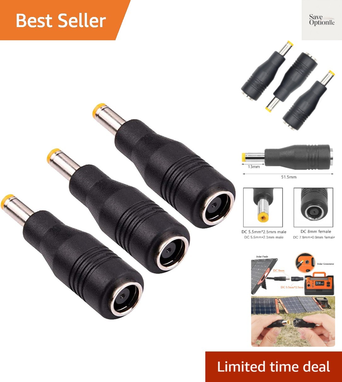 Solar Panel Adapter, DC7909 Female to DC5525 Male Connector, 8mm to 5.5mm, fo…