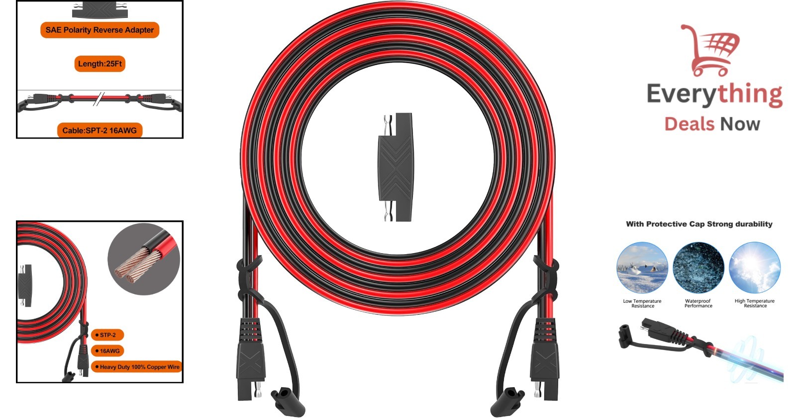 12ft SAE to SAE Extension Cable 16AWG Quick Disconnect Solar Panel Battery Cord