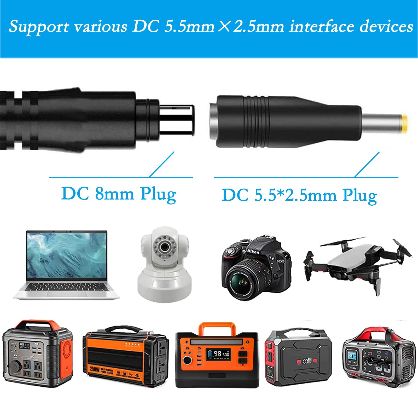 Solar Panel Adapter, DC7909 Female to DC5525 Male Connector, 8mm 3-Pack