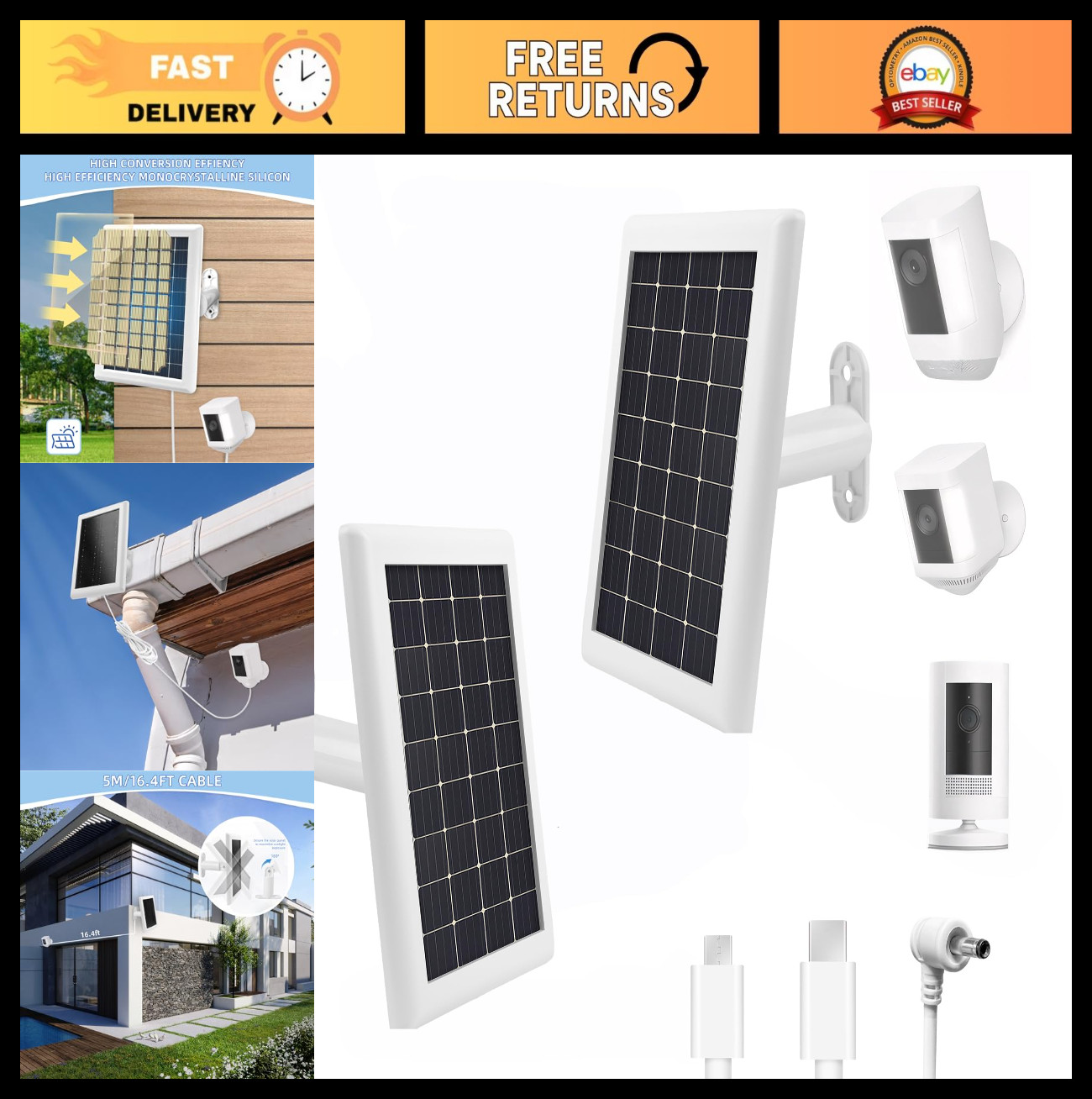 Solar Panel Charger for Ring Camera – 2pcs Outdoor Battery Charger, 5m Cable