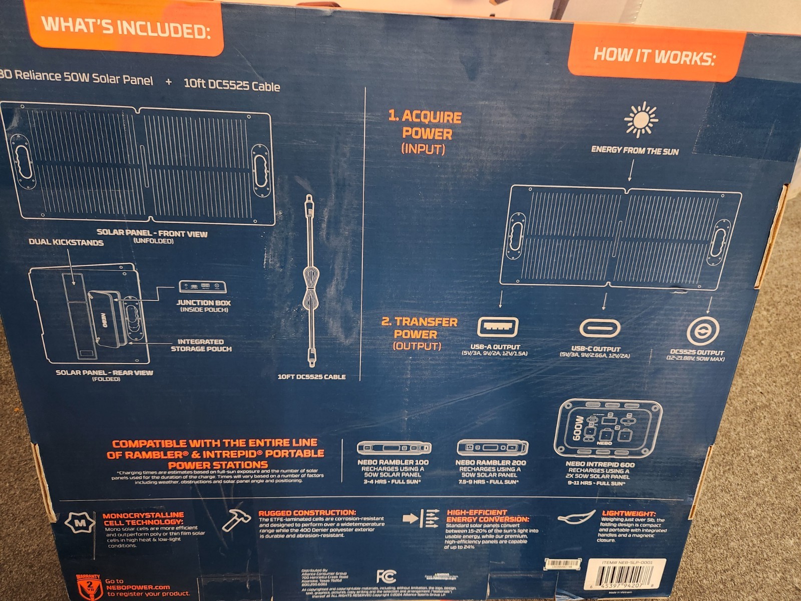 NEBO NEB-SLP-0001 Reliance 50W Solar Panel. NEW