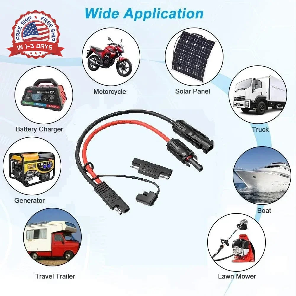 Solar Panel to SAE Adapter With MC4 Connector Extension Cable 10AWG for Easy Con