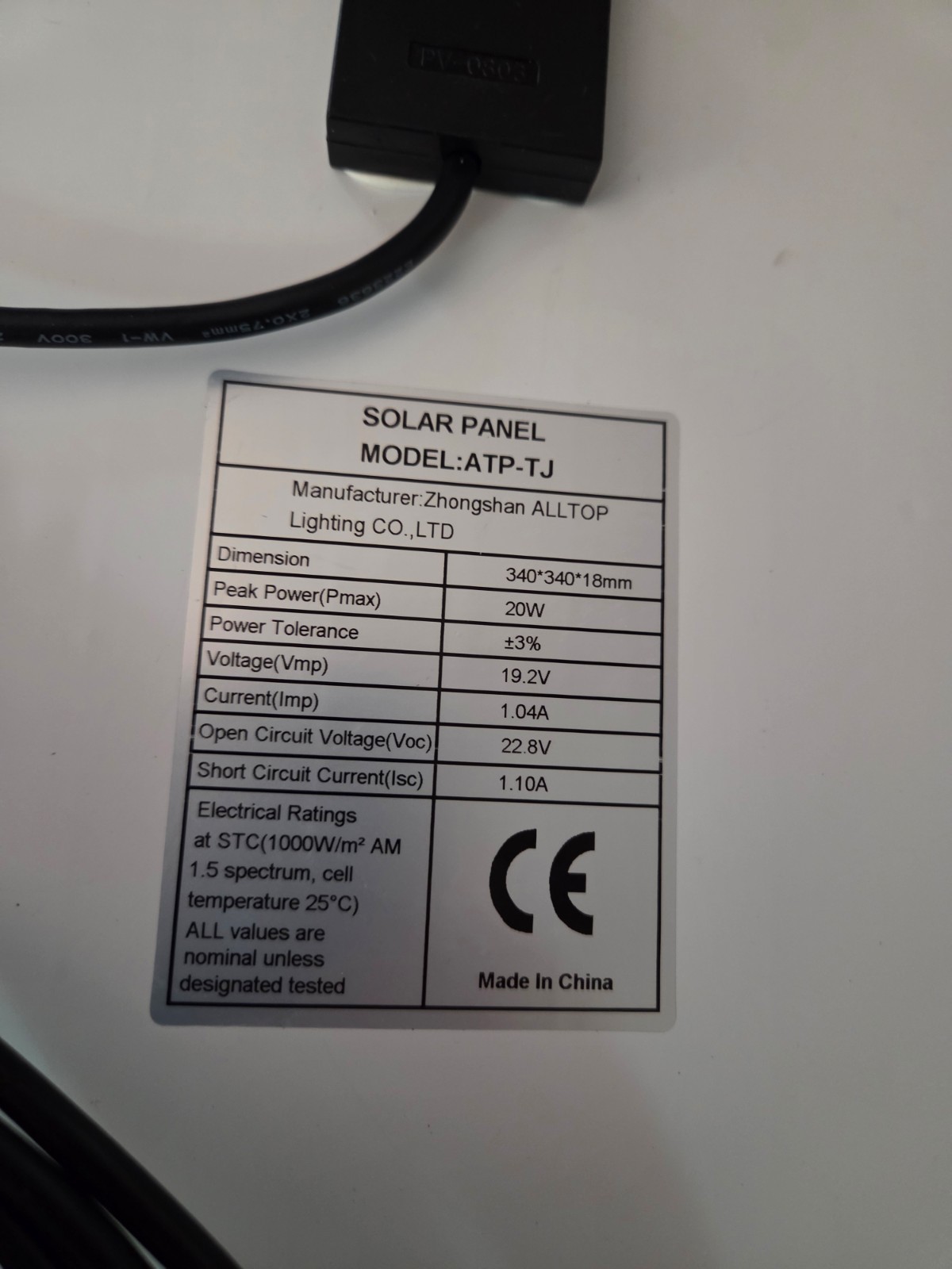 Alltop lighting company ATP-TJ 19.2 VOLT Solar panel 1 amp