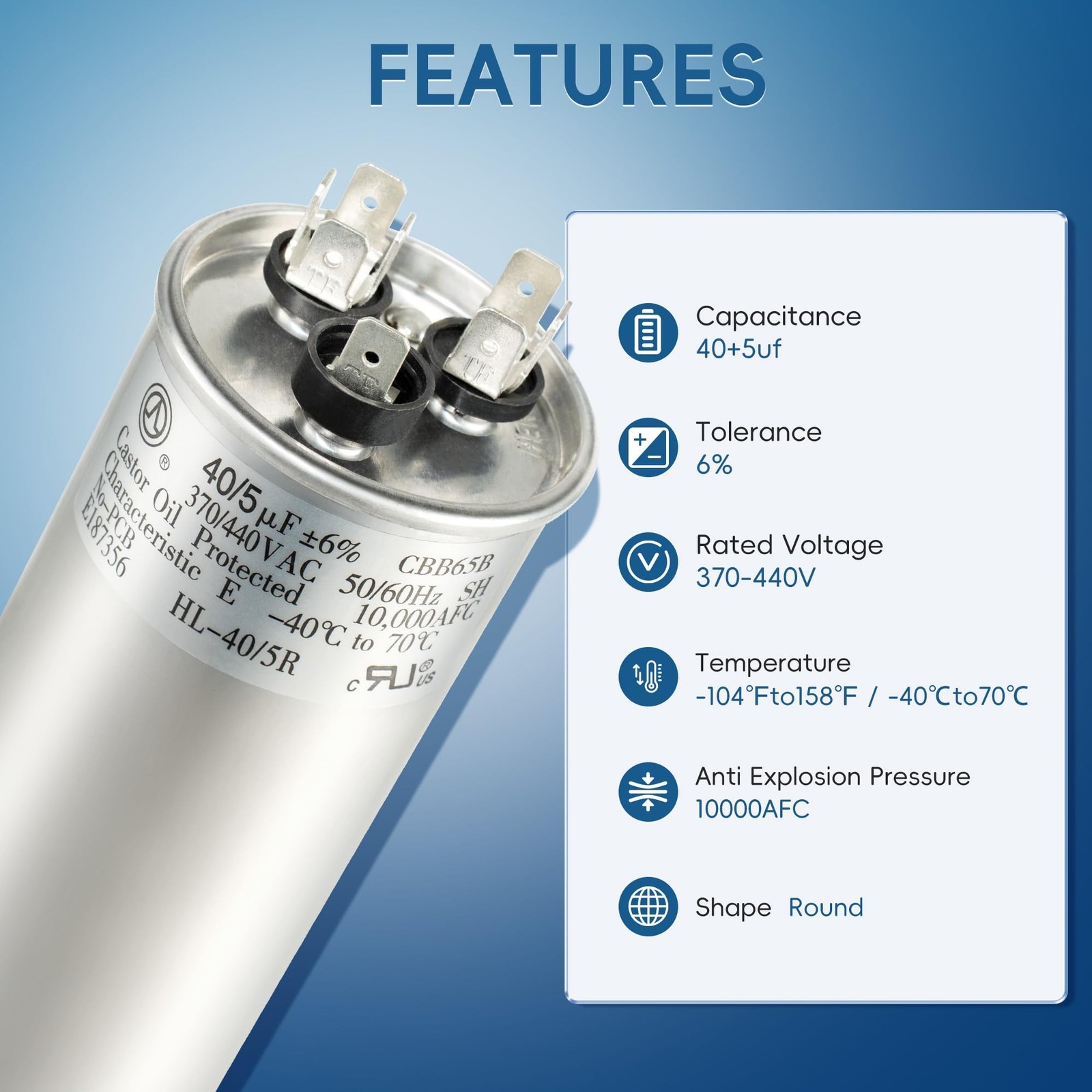 40+5 uF 40/5 MFD ±6% 370V/440VAC CBB65 Dual Run Circular Start Capacitor fo