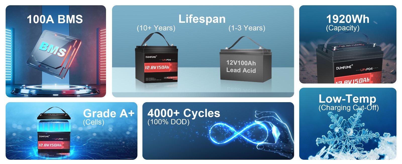 12V 150Ah Max LiFePO4 Lithium Battery 100A BMS Deep Cycle for RV Backup Power