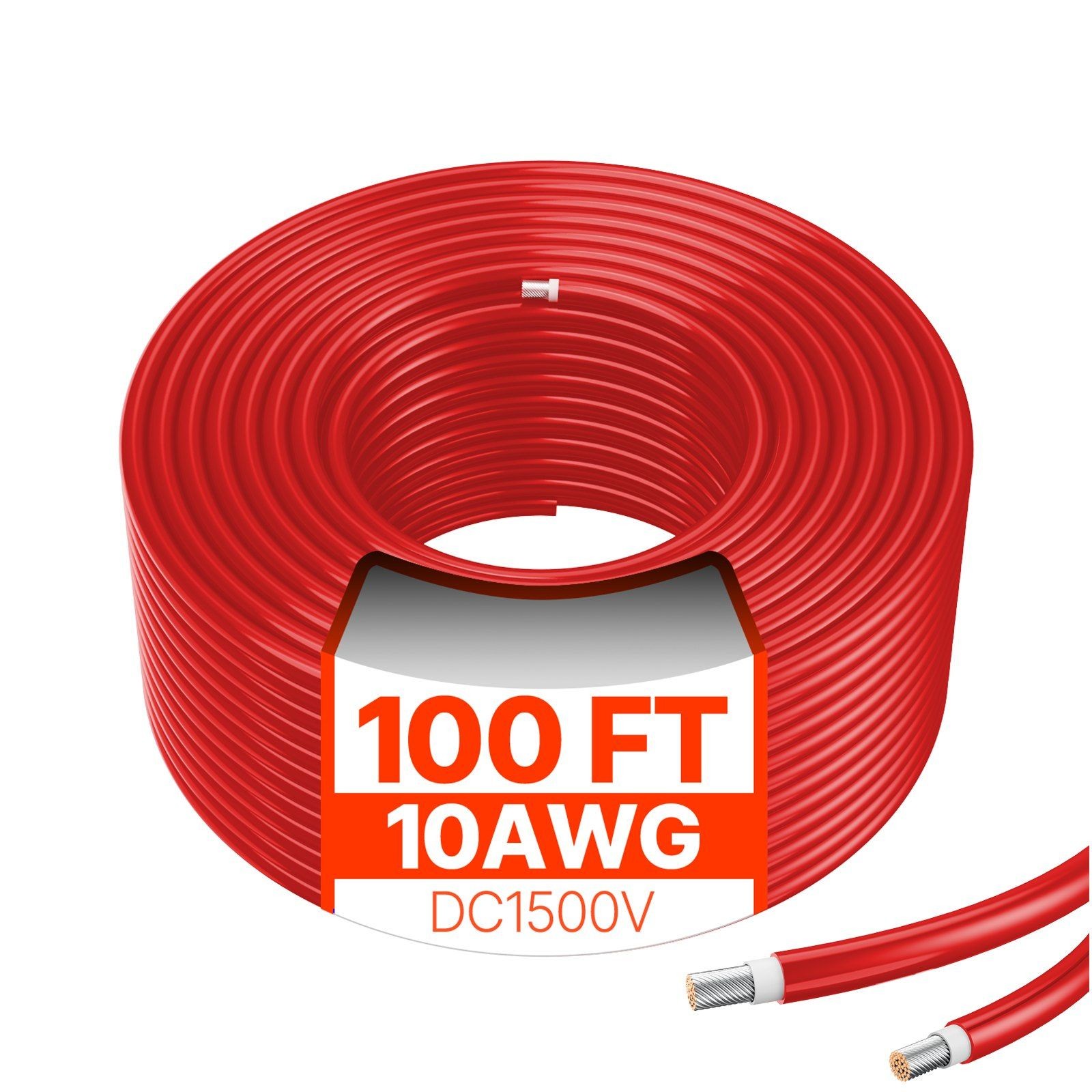100ft 10AWG 6mm² Waterproof Solar Extension Cable Red & UV-Resistant