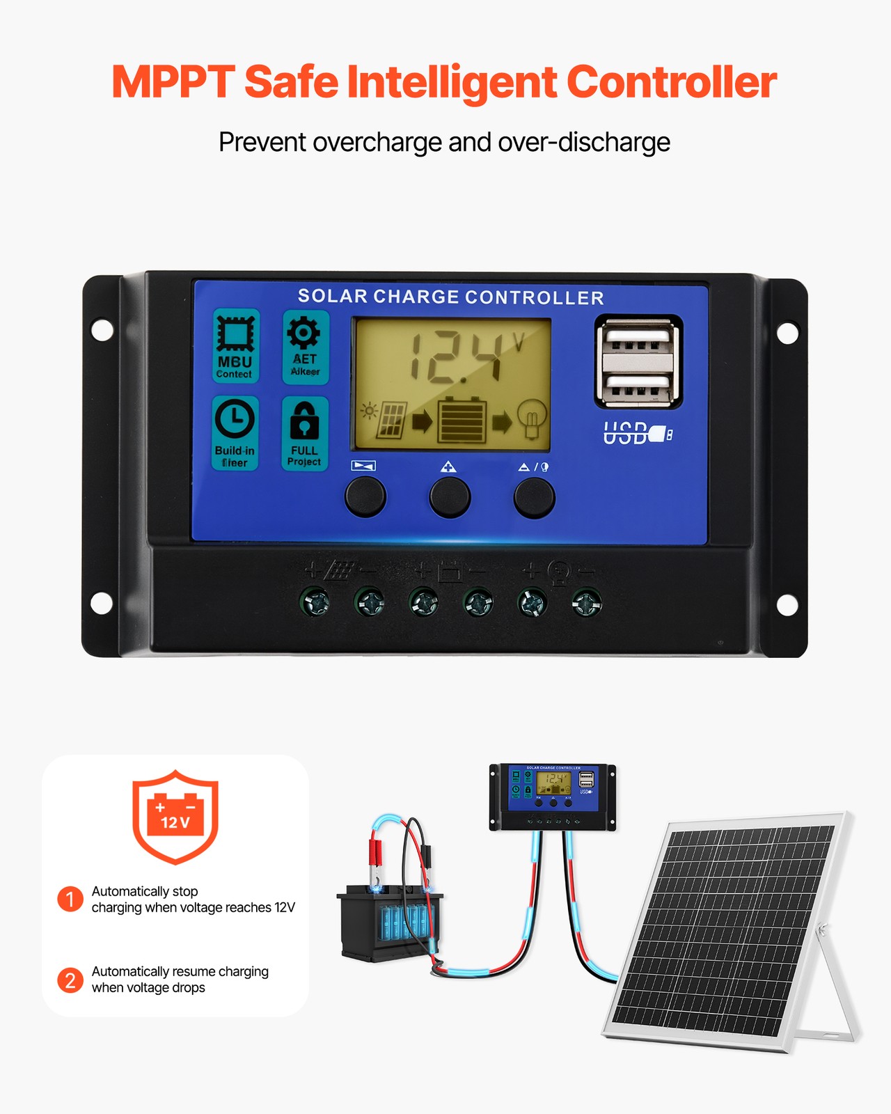 VEVOR Solar Battery Trickle Charger Maintainer 20W 12V with MPPT Controller