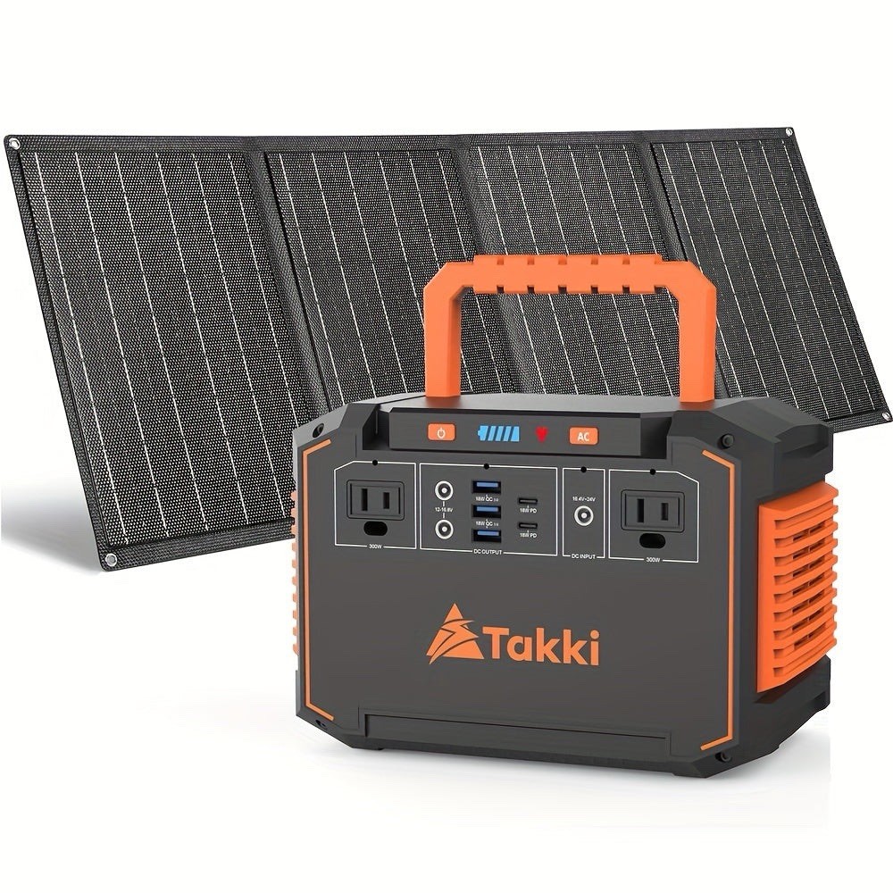 Takki 300w Portable Power Station Solar Generator W/ Foldable Solar Panel Back