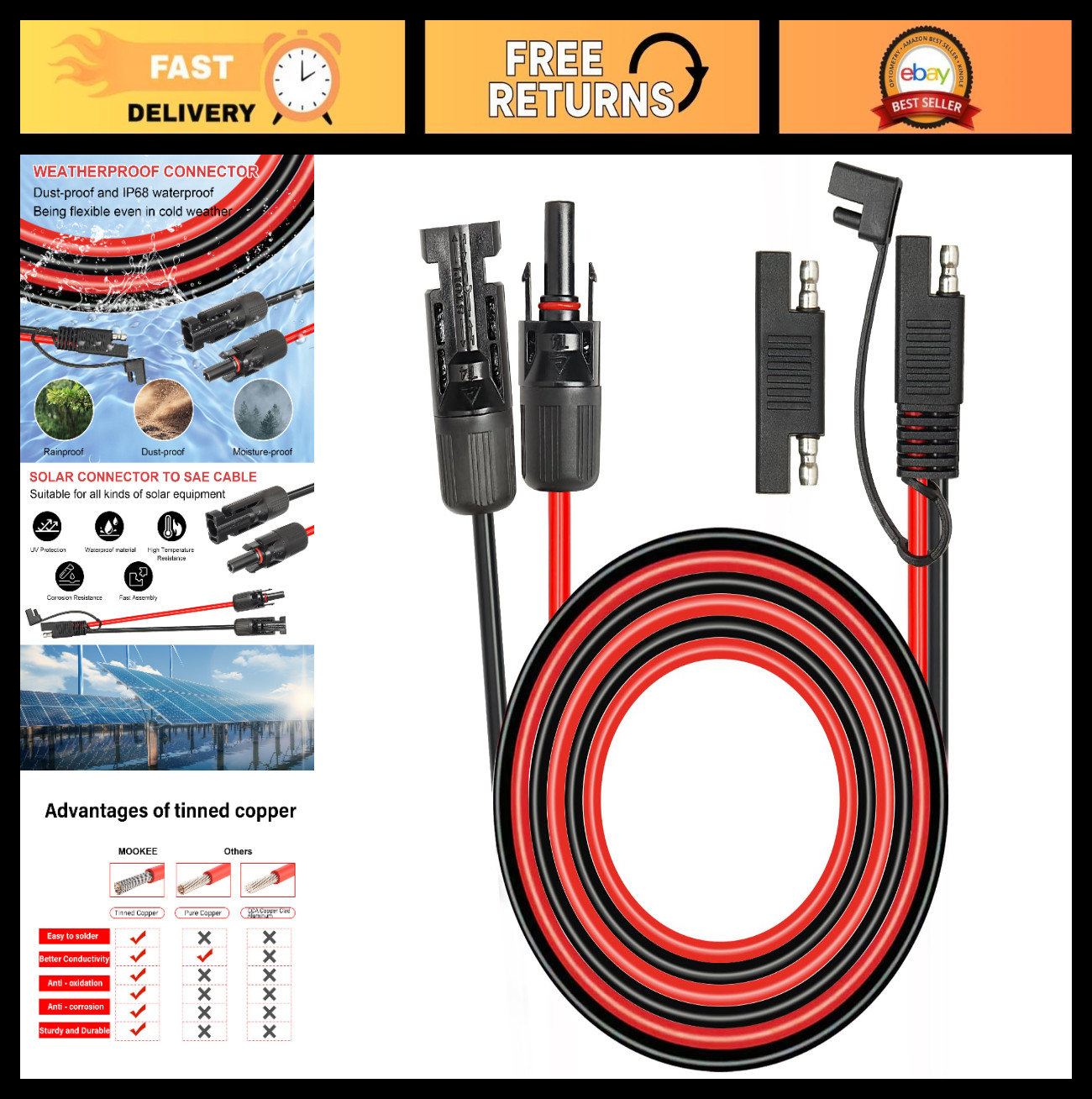 20FT 10AWG Solar Panel SAE Adapter Cable – RV Extension for Battery Charger Kit