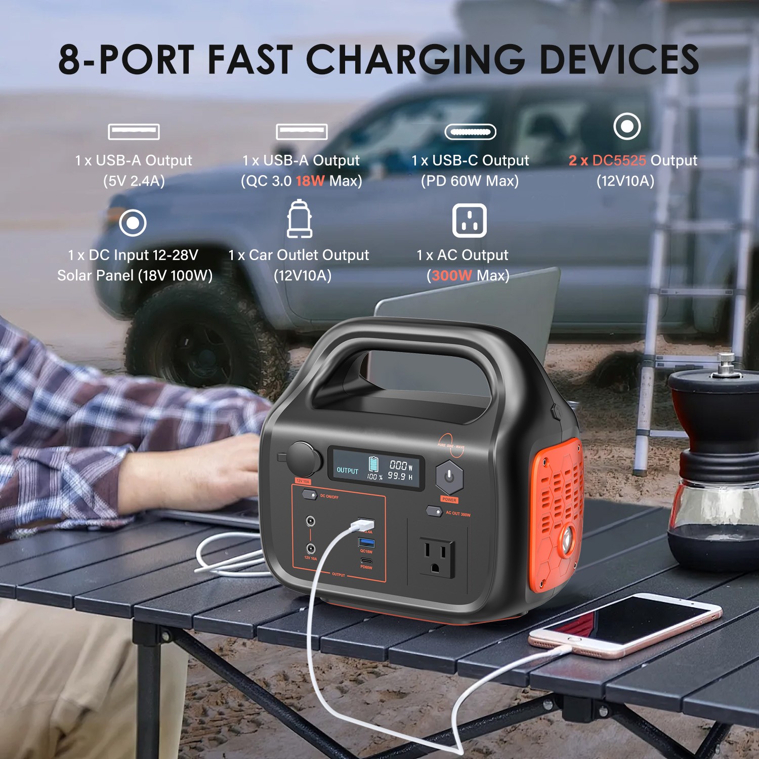Portable Power Station 296Wh 300W Solar Generator 80000mAh 110V AC Backup