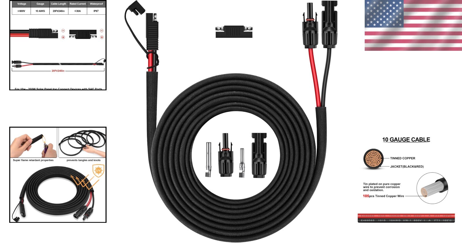 10AWG Solar Panel Connector Cable, 20Ft SAE to Male & Female for RV Power