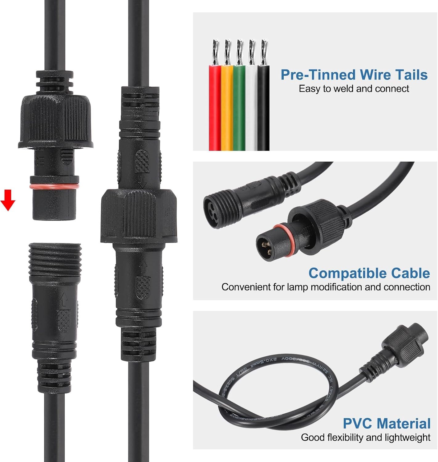 16.4Ft 20AWG 5 Pin Extension Cable Wire with 7.87″ Male Female Connector