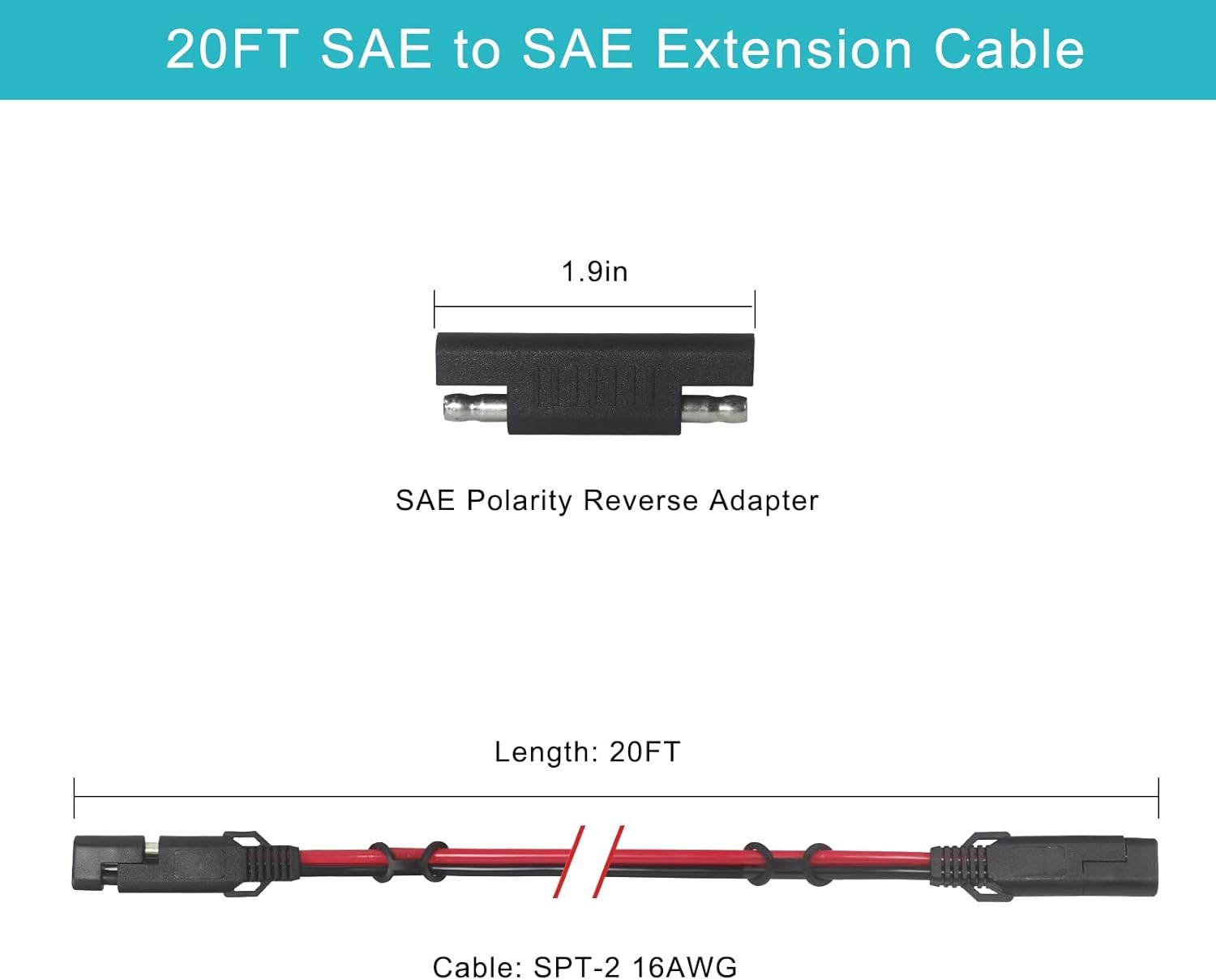 SAE to Extension Cable 16AWG – 20FT Battery Charger 20FT, Black
