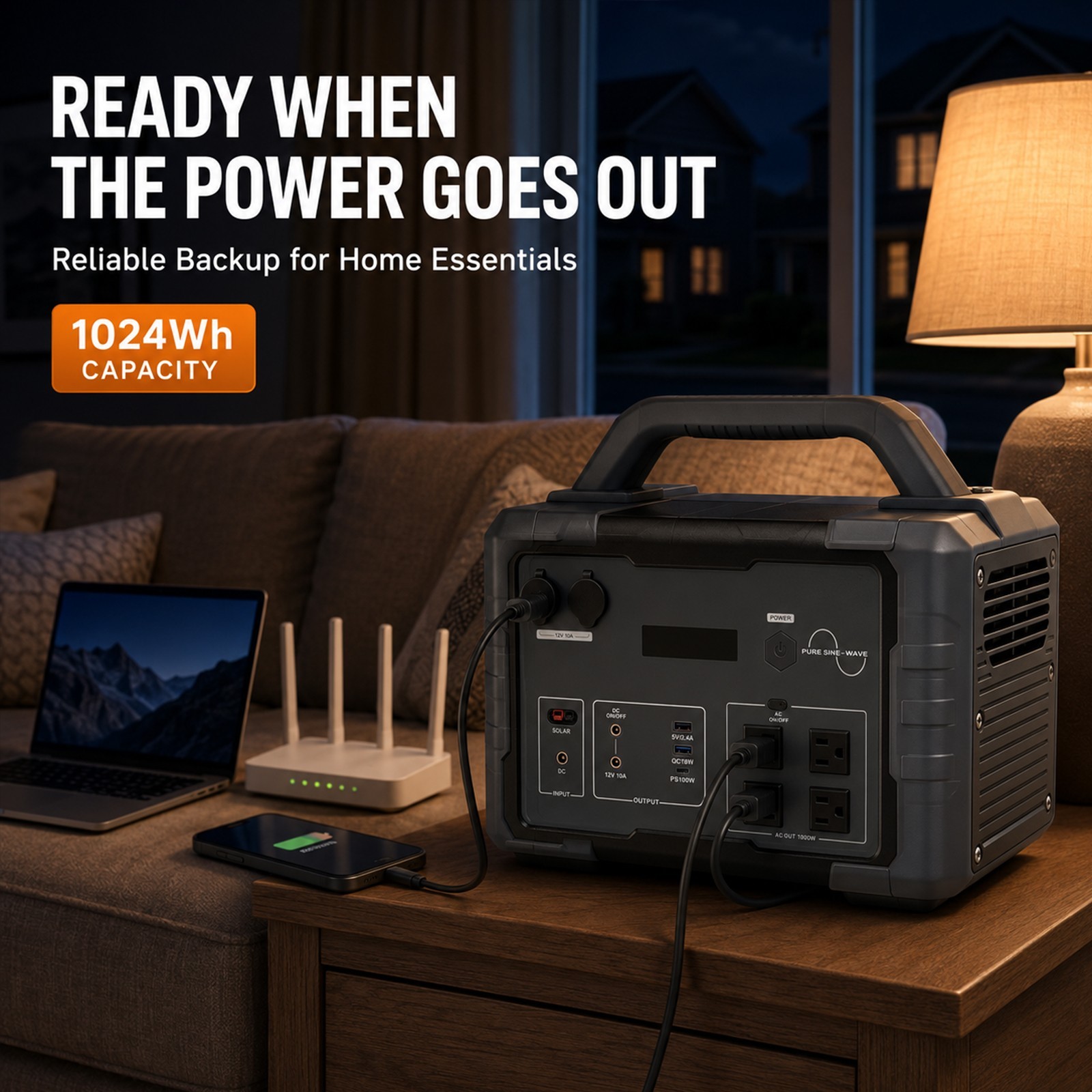 1000W 1024Wh Black Power Station LED Flashlight Outdoor + Home Backup Generator