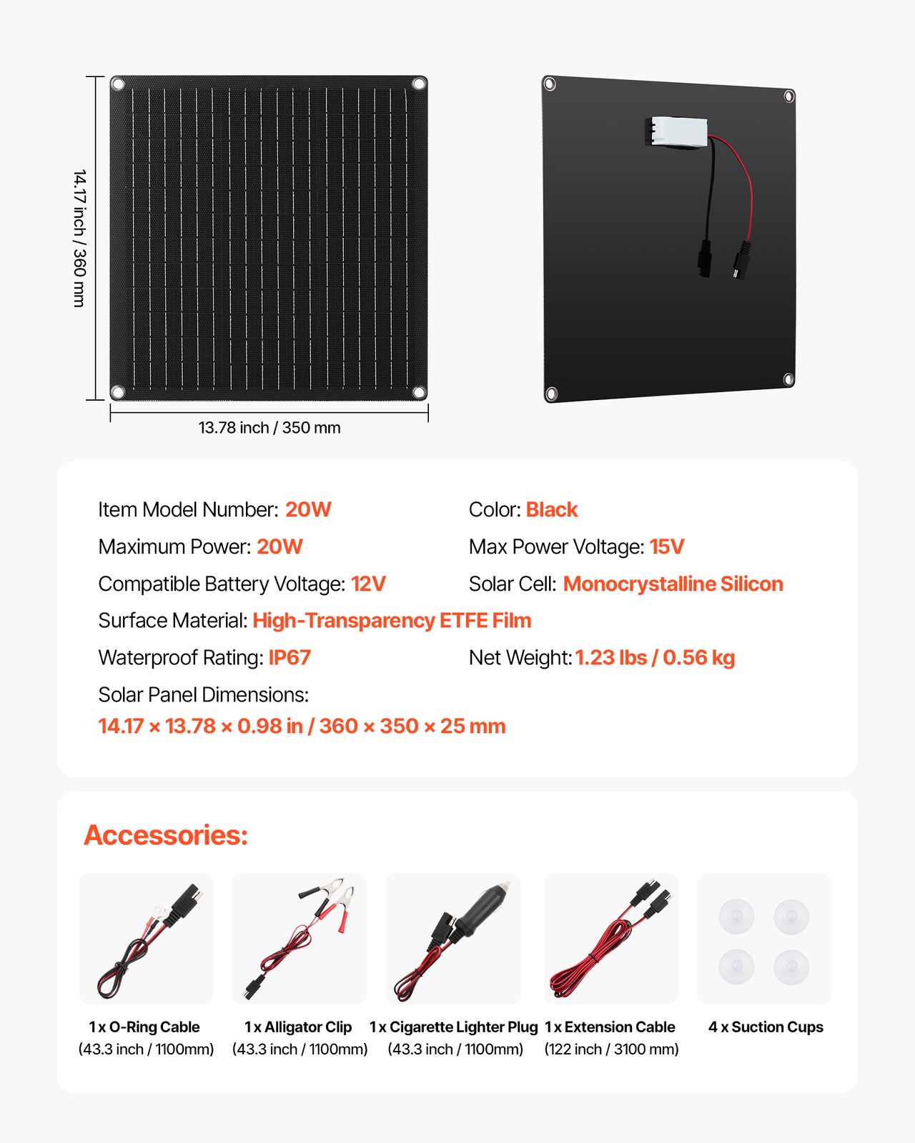 VEVOR Solar Battery Charger Maintainer 20W 12V Solar Panel Trickle Charging Kit