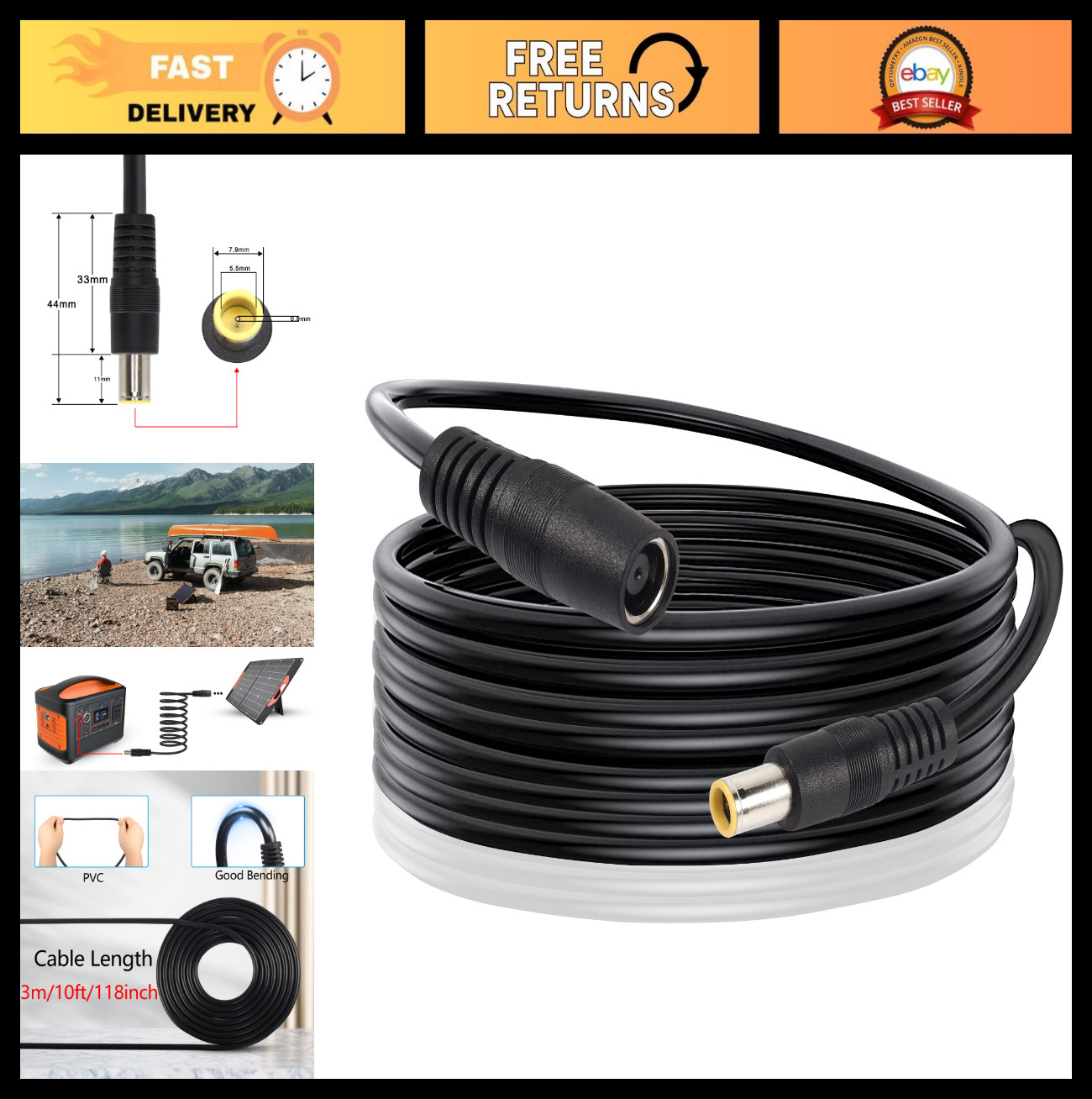 10Ft DC 8mm Extension Cable, Male to Female Power Cord, 14AWG for Solar Generato