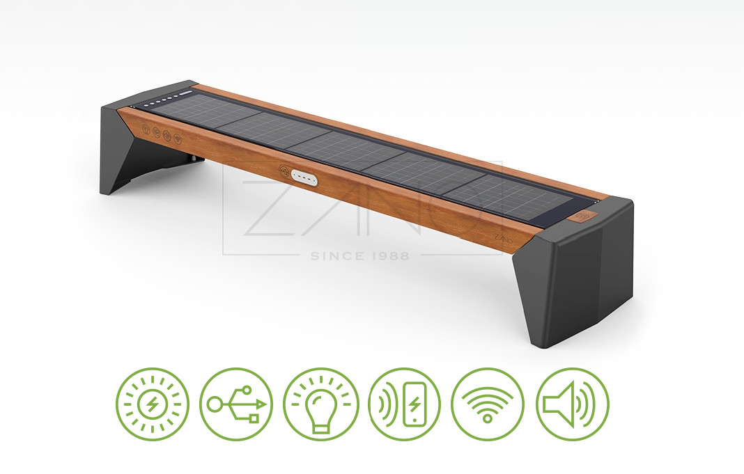Modern Solar outdoor bench Photon. WIFI, lighting & charging station. USB ports