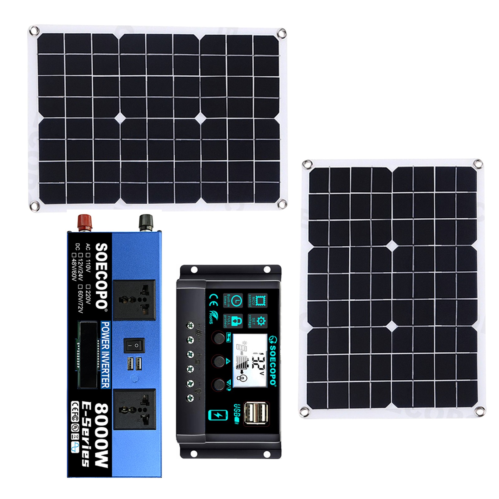 8000W Off-Grid Solar (12V/24V to 110V/220V) 2pcs Solar Panels,Charge Controller