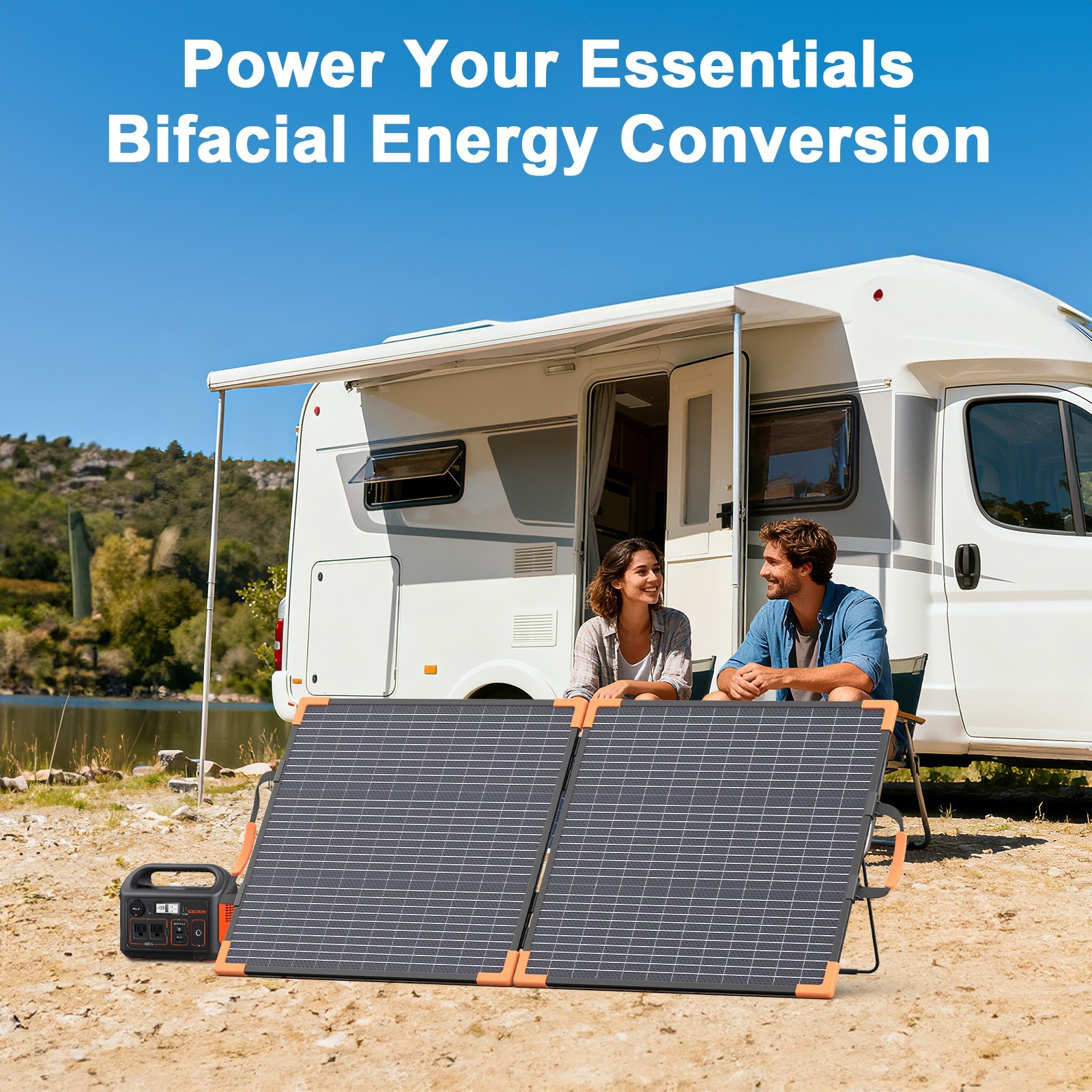 MHPOWOS Bifacial 100W Solar Panel ETFE Aluminum Frame Kickstand for Outdoor RV