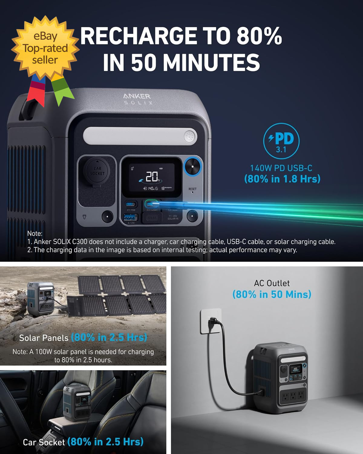 Portable Power Station SOLIX C300, 288Wh Lifepo4 Battery 300W 600W Surge