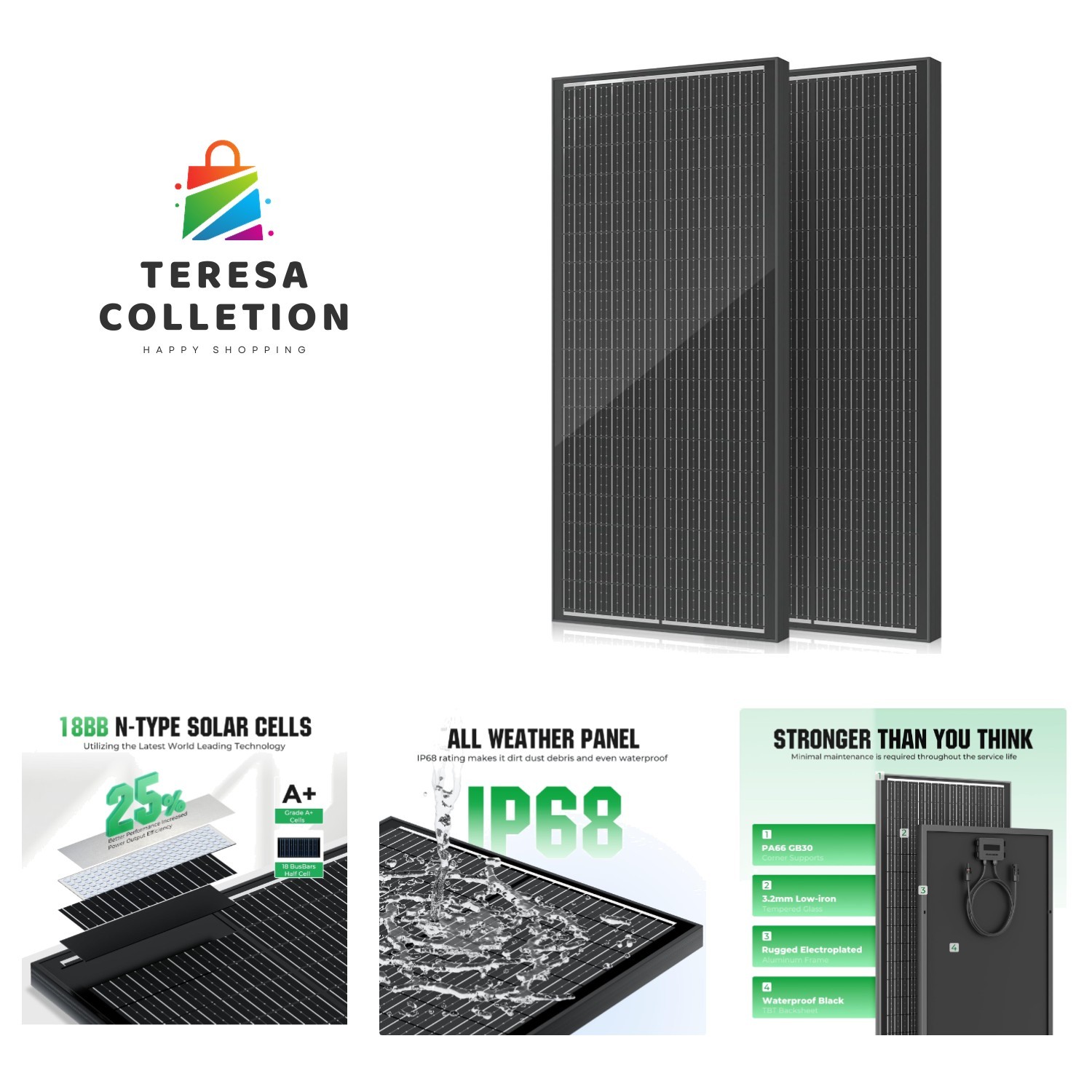 18BB 200W Solar Panel, 2Pcs N-Type 12V/24V 100 Watt Solar Panels, 25% High Ef…