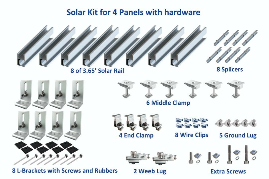 Solar Rail kit for mounting 4 panels with clamps and L brackets