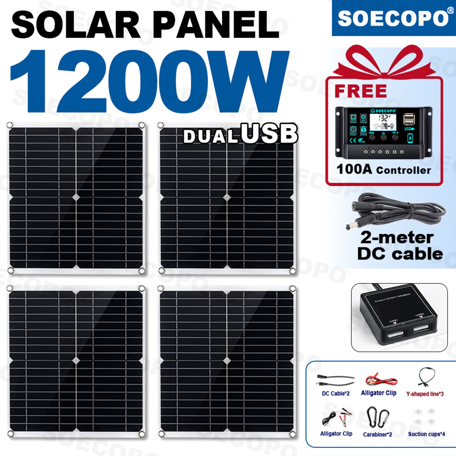1200W Solar Panel Combo – 4 x 300W + 100A Controller + Y-Cable + Suction Cups