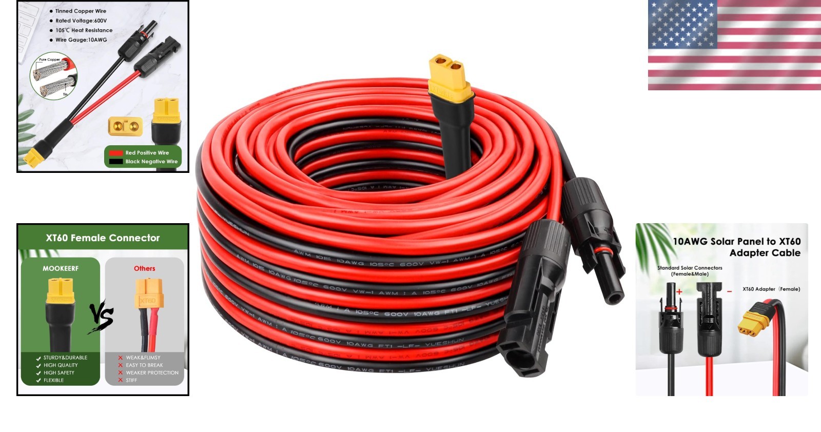 50ft Solar to XT60 Cable – 10AWG Tinned Copper, Heat Resistant, Outdoor Use