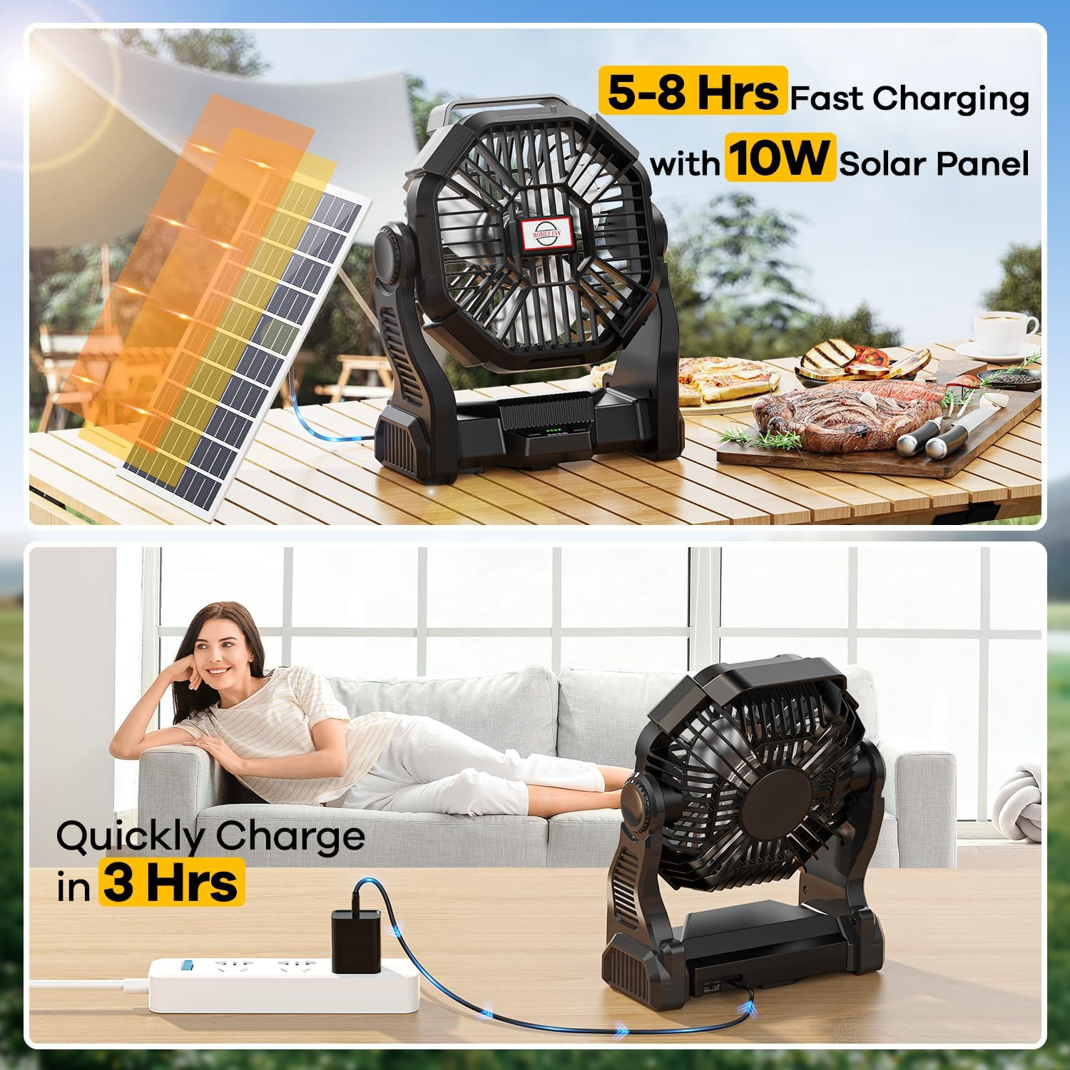 30000Mah Solar Fan with LED Lantern, 10W Solar Panel Rechargeable Battery Powere