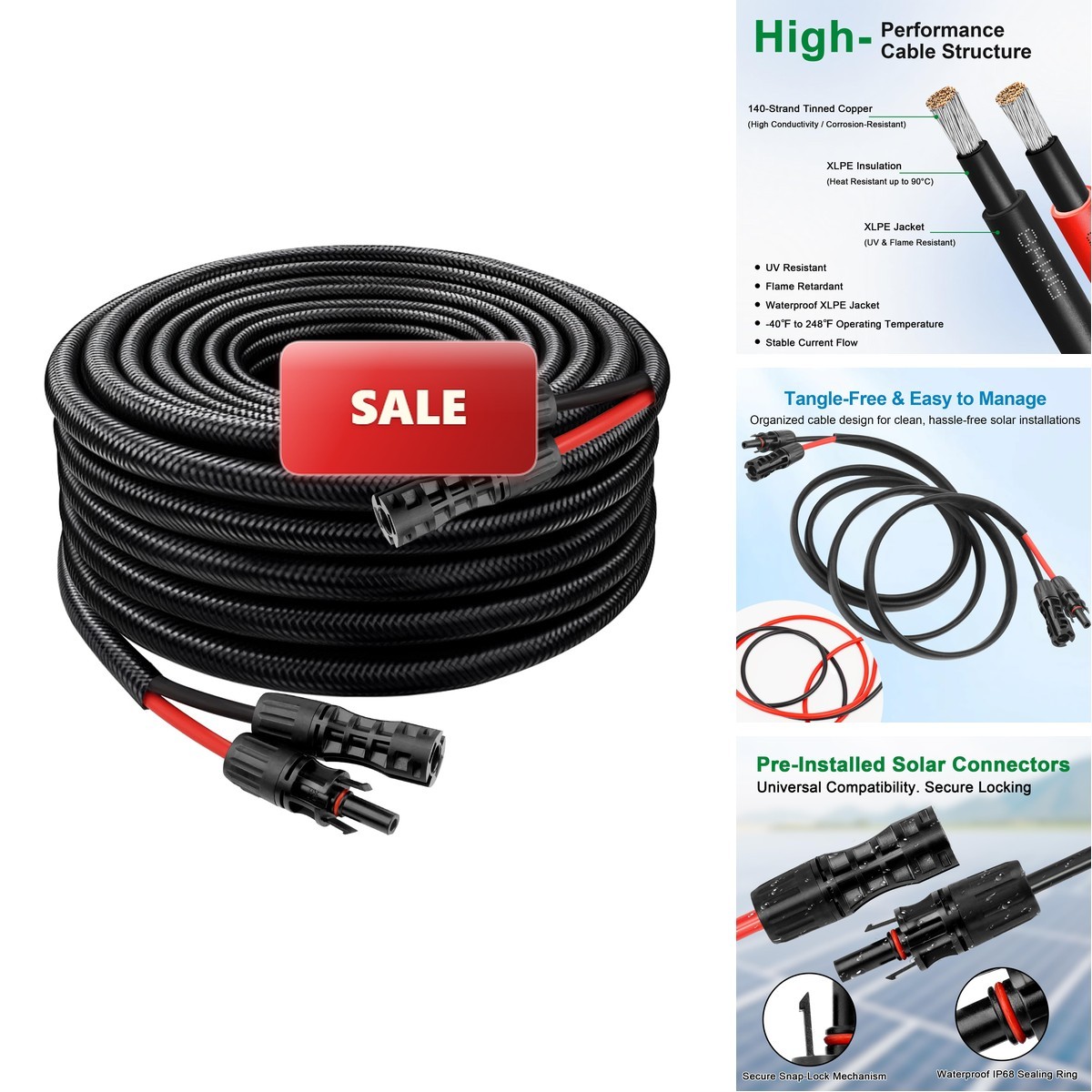XRDS -RF Solar Cable 20FT, 8AWG Solar Extension Cable Male & Female Solar