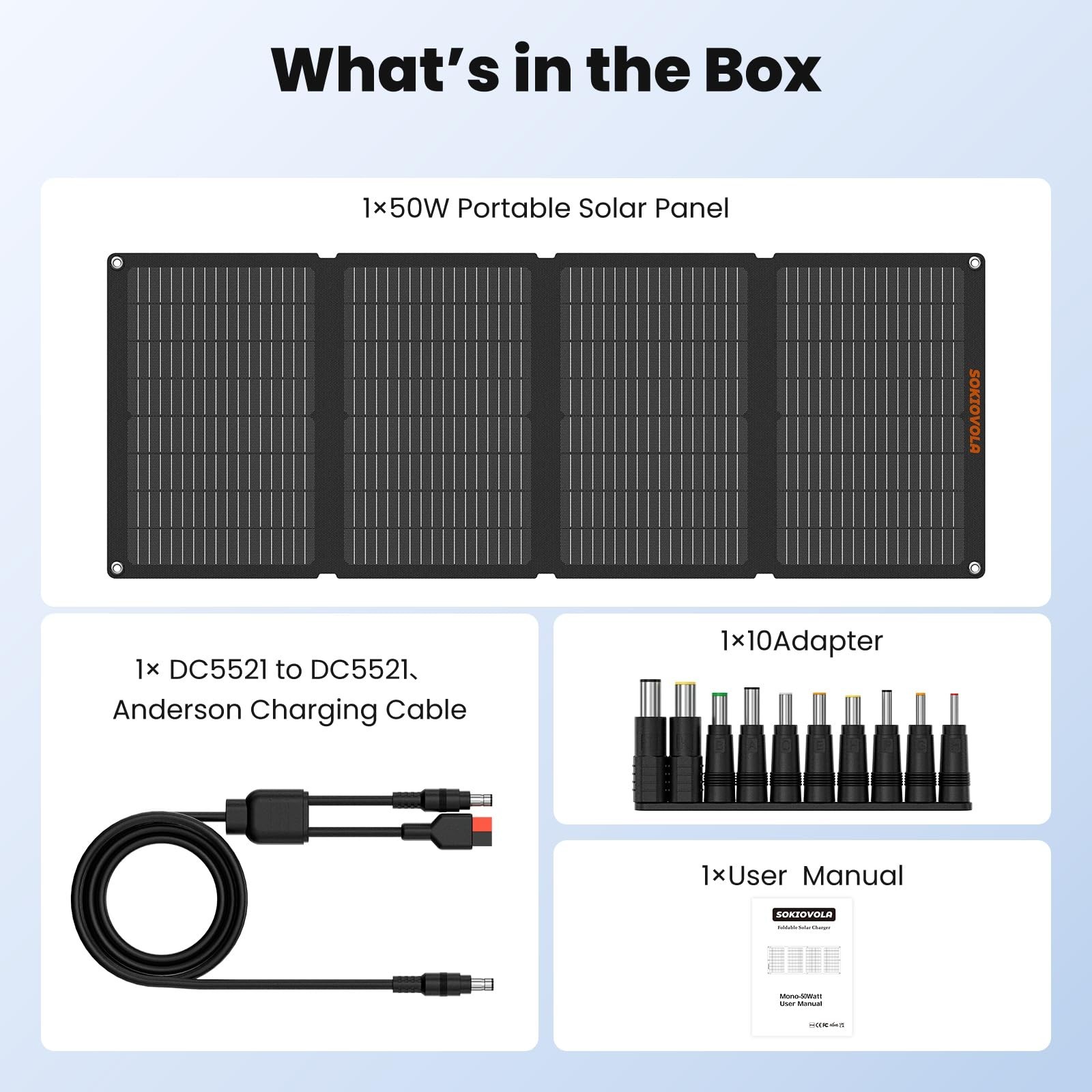 50W Foldable Solar Panel Charger, IP68 Waterproof, USB-A & USB-C, DC 18V for Cam