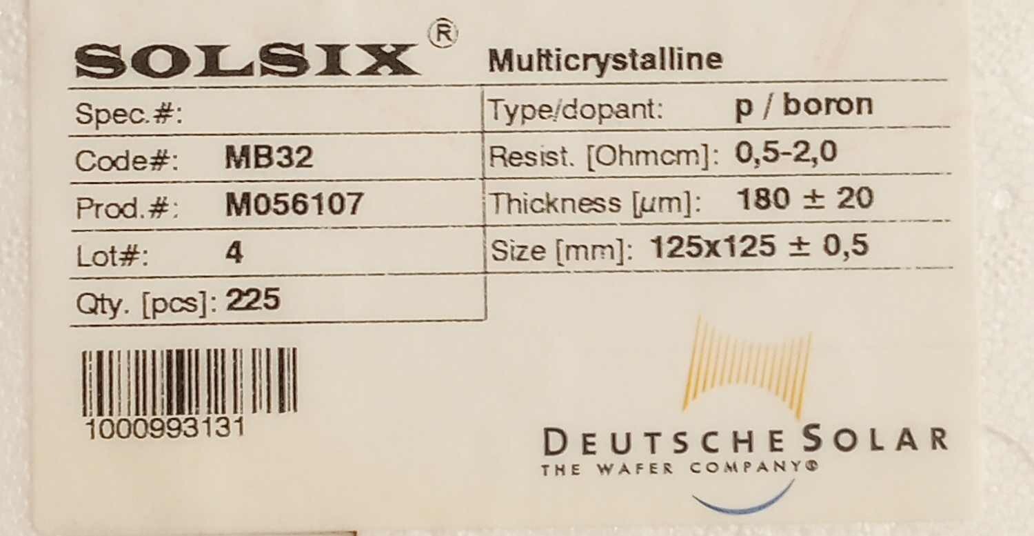 Silicon – raw silicon slices from Deutsche Solar – 125x125mm – 180um – Qty225